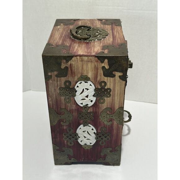 Chinese Wood Brass antique Jewellery Cabinet carved‎ jade box chest gorgeous! - Picture 8 of 11